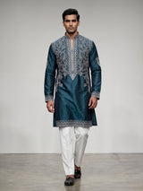 Teal blue silk kurta suit for men with elegant embroidery