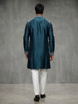 Teal blue silk kurta suit for men with elegant embroidery