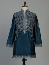 Teal blue silk kurta suit for men with elegant embroidery