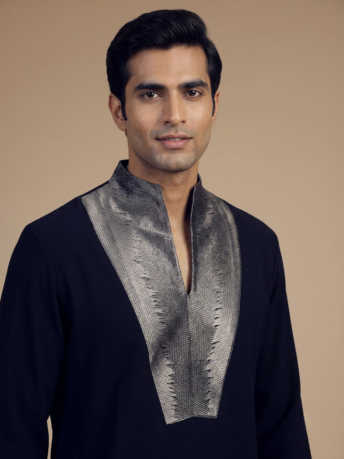 Classic black cotton kurta suit for men with threadwork detailing