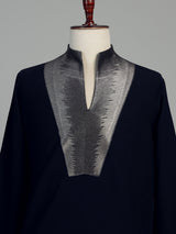 Classic black cotton kurta suit for men with threadwork detailing