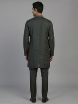Black cotton linen kurta suit for men with zardosi detailing