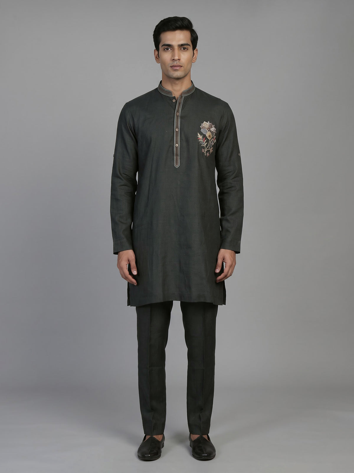 Black cotton linen kurta suit for men with zardosi detailing