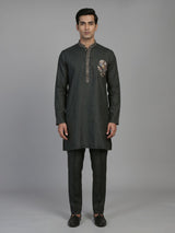 Black cotton linen kurta suit for men with zardosi detailing