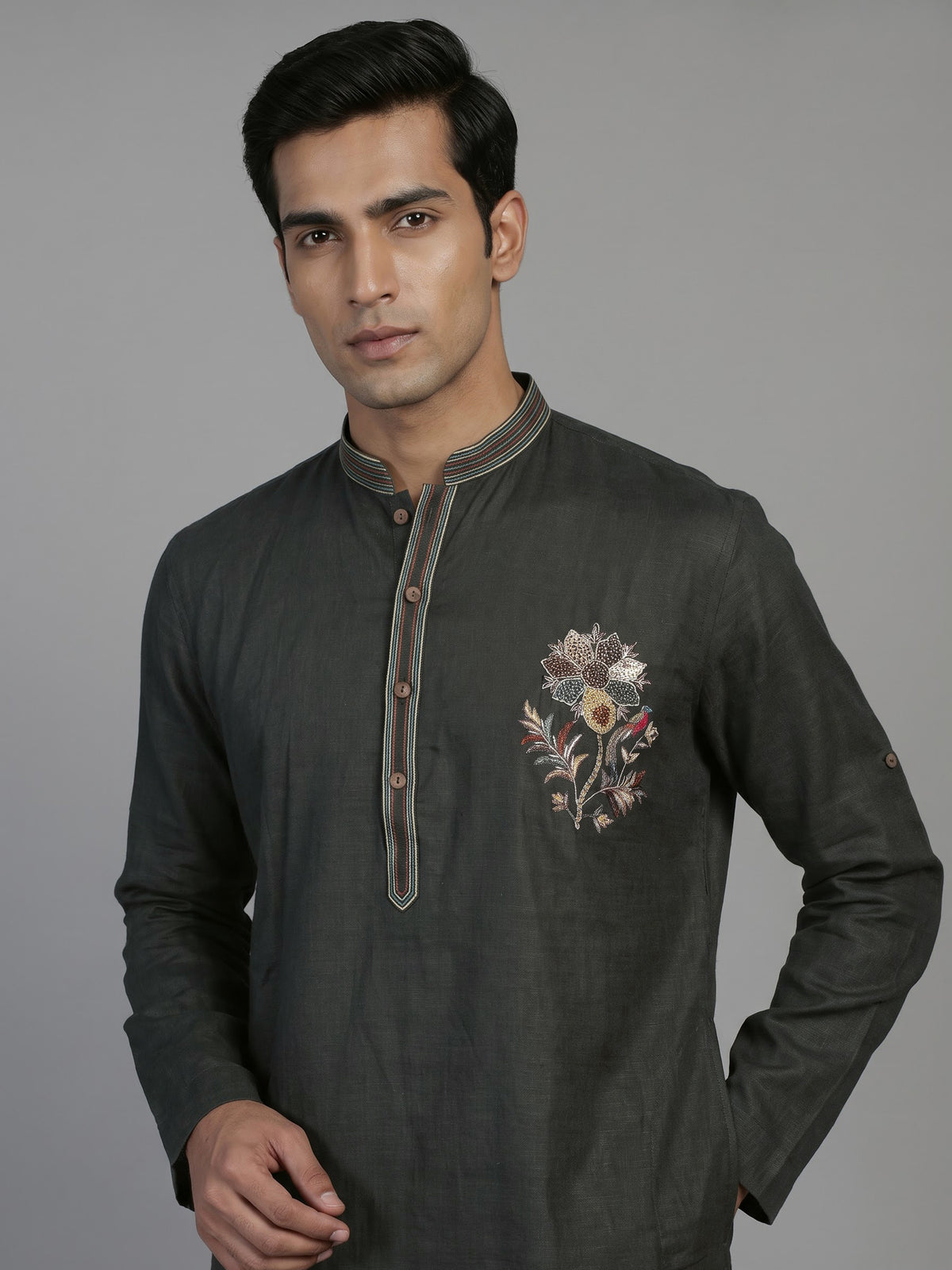 Black cotton linen kurta suit for men with zardosi detailing