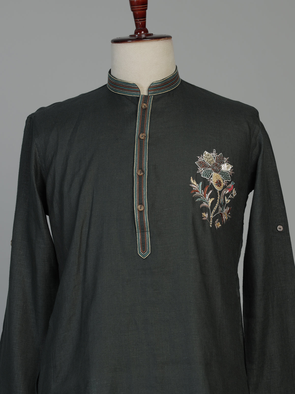 Black cotton linen kurta suit for men with zardosi detailing