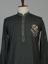 Black cotton linen kurta suit for men with zardosi detailing
