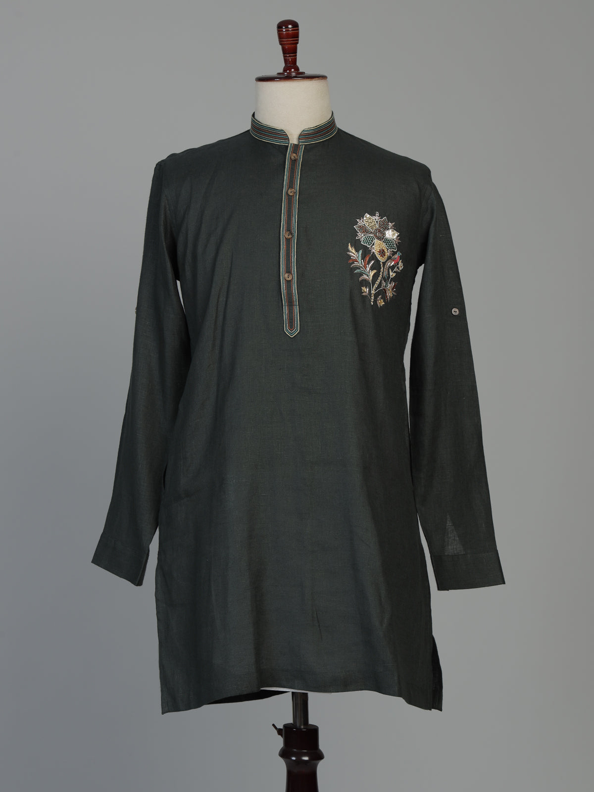 Black cotton linen kurta suit for men with zardosi detailing
