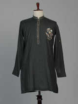 Black cotton linen kurta suit for men with zardosi detailing