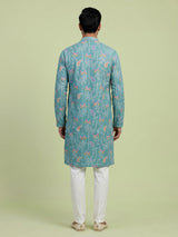 Aqua blue printed cotton kurta suit for men celebrations