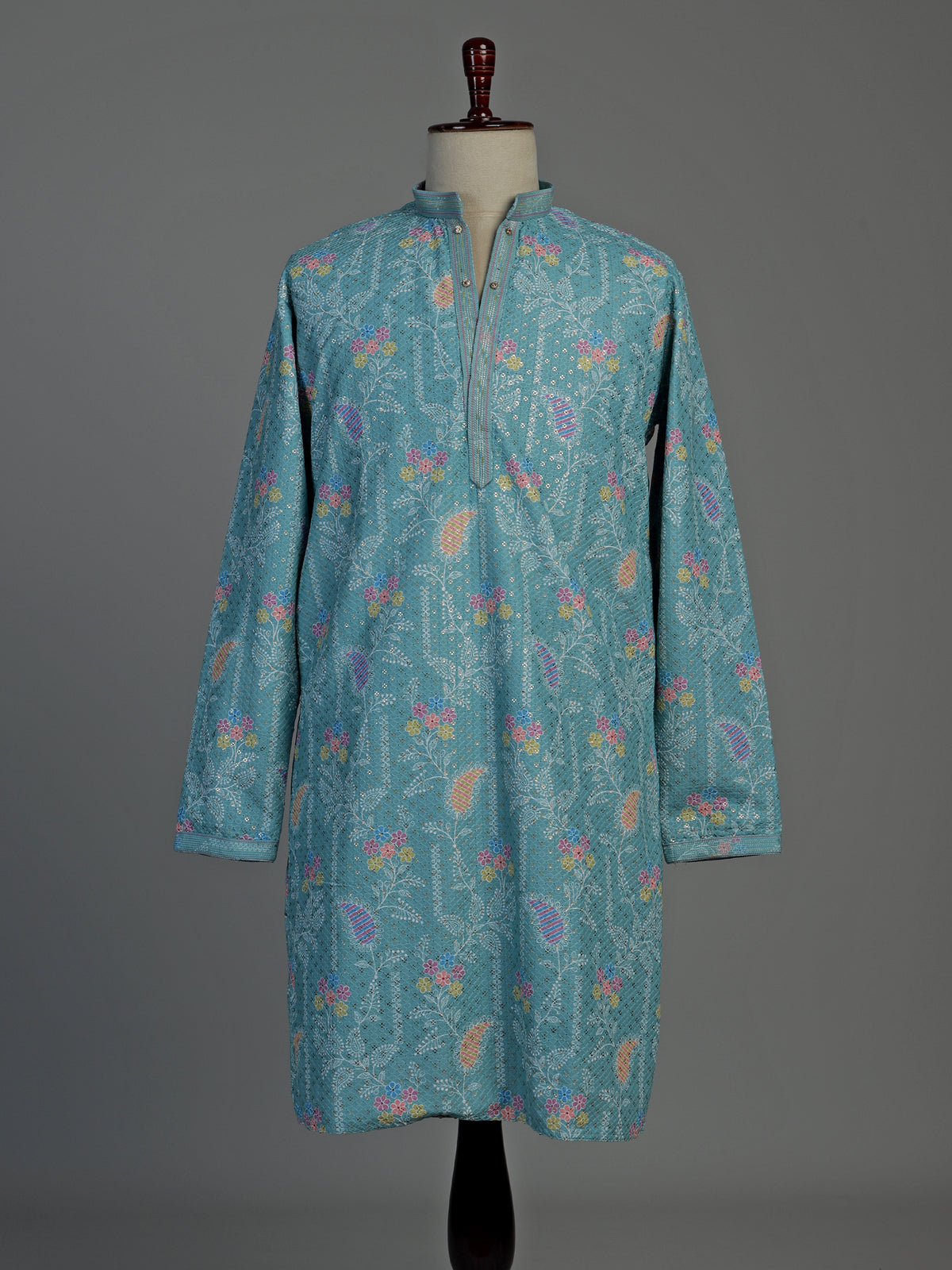 Aqua blue printed cotton kurta suit for men celebrations