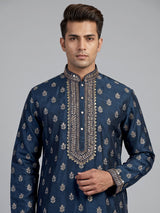 Navy silk kurta suit for men with zari and cutdana work