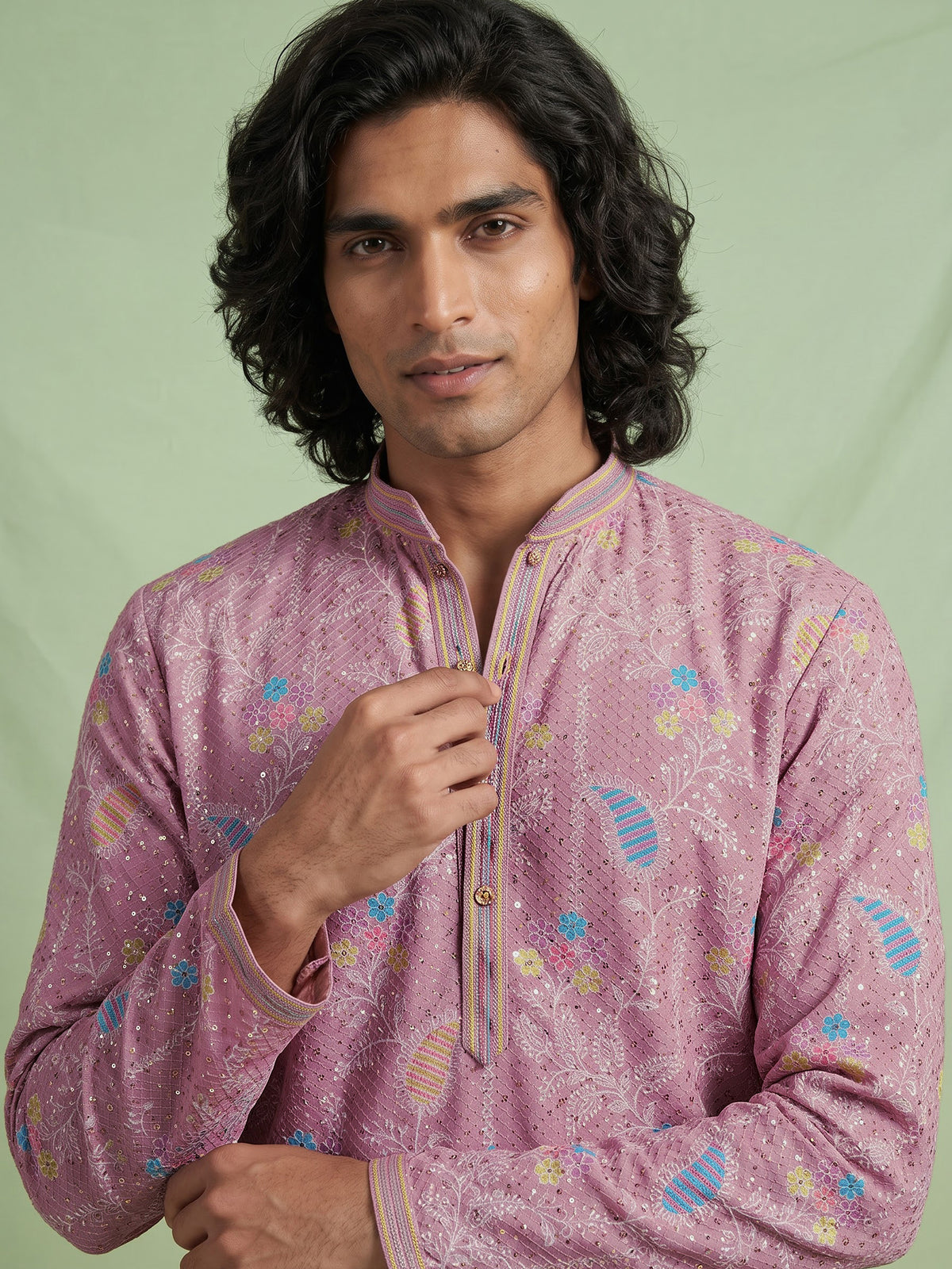 Light pink printed cotton kurta suit for men celebrations