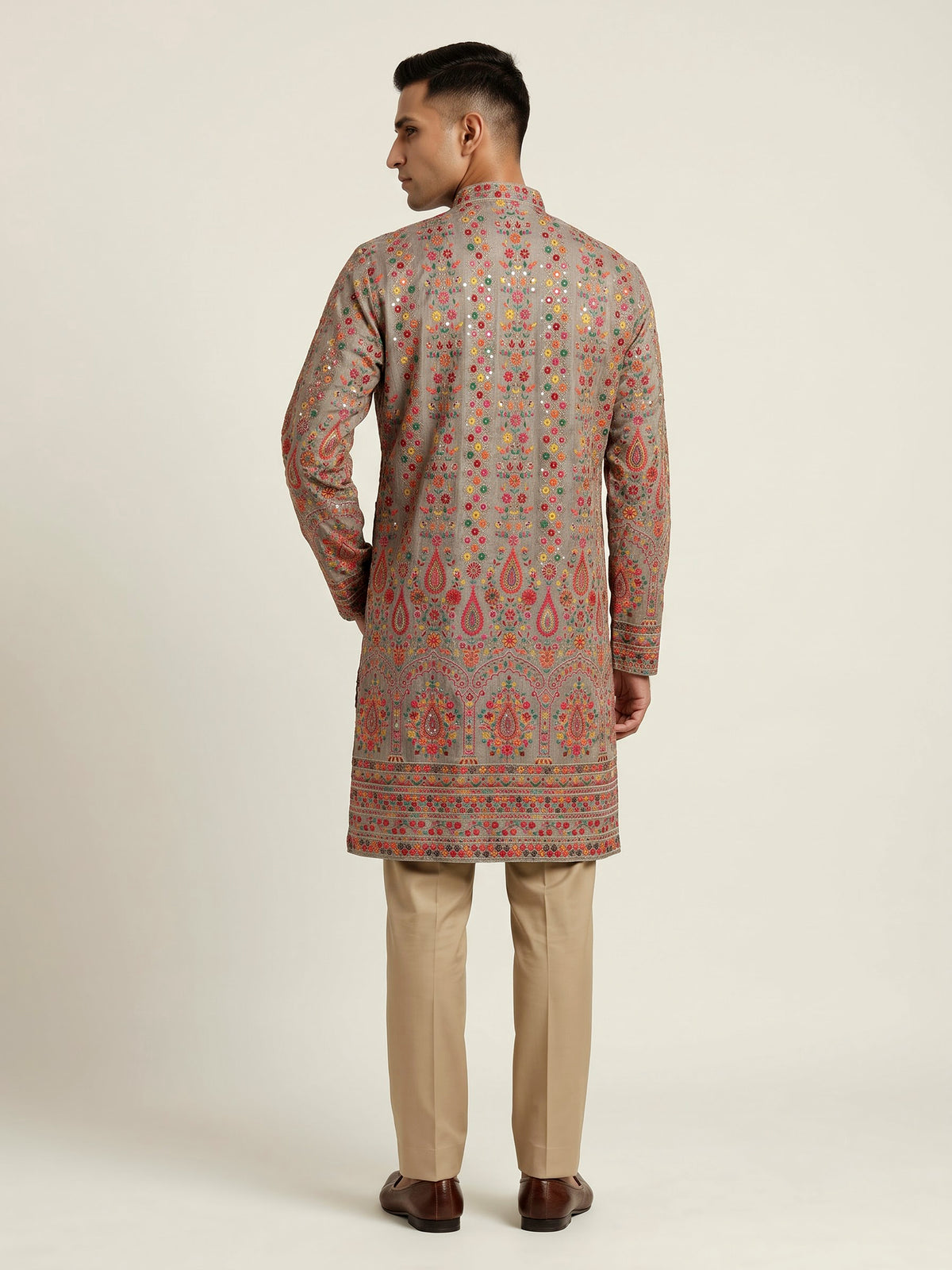 Pastel grey silk embroidered kurta suit for men celebrations