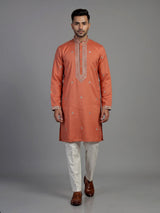 Orange cotton silk embroidered kurta suit for men celebrations