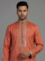 Orange cotton silk embroidered kurta suit for men celebrations