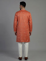 Orange cotton silk embroidered kurta suit for men celebrations