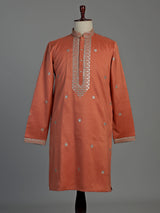 Orange cotton silk embroidered kurta suit for men celebrations
