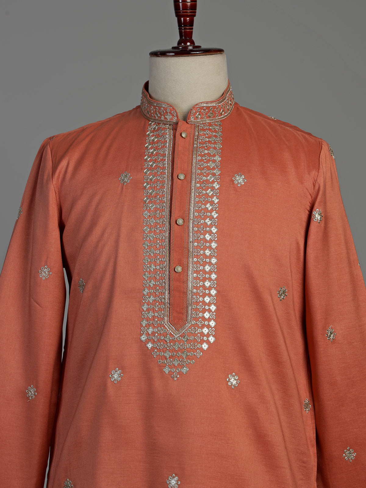 Orange cotton silk embroidered kurta suit for men celebrations