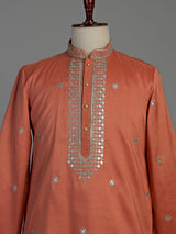 Orange cotton silk embroidered kurta suit for men celebrations