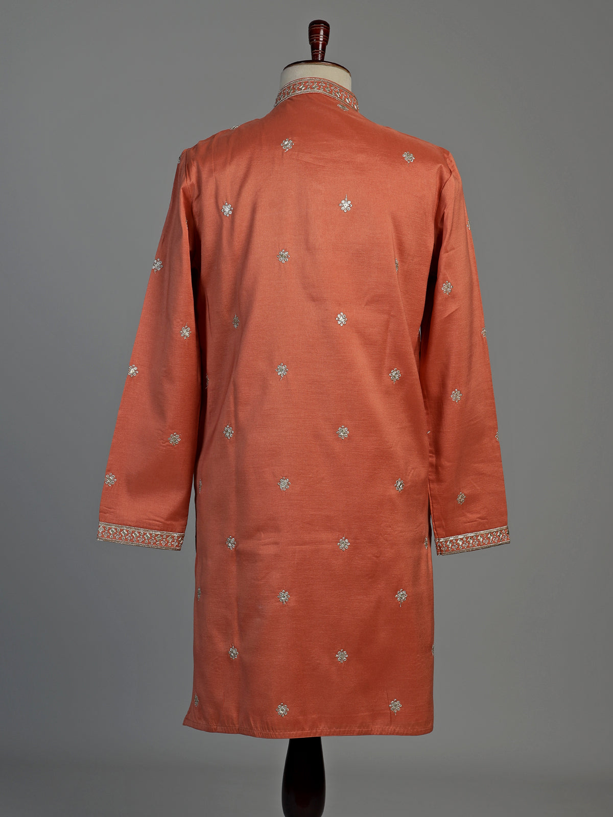 Orange cotton silk embroidered kurta suit for men celebrations