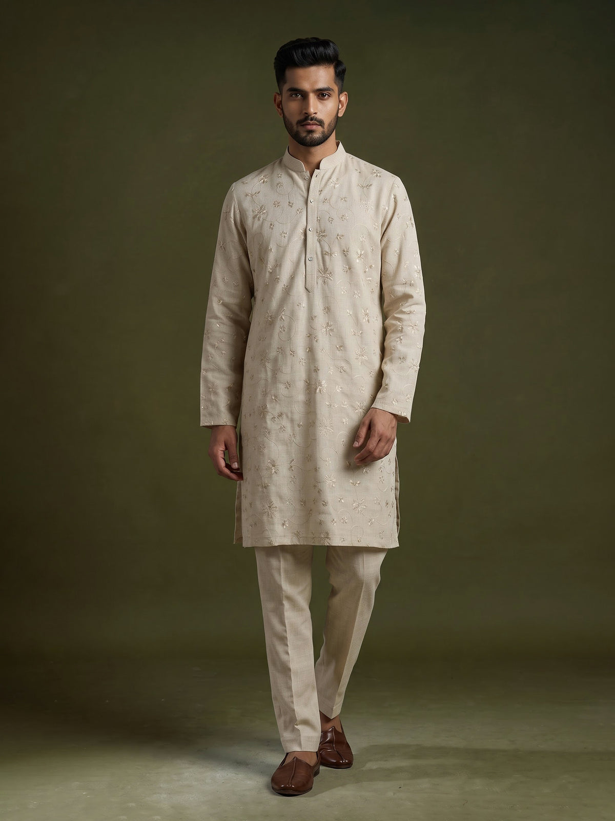 Cream linen embroidered kurta suit for men with sequins work