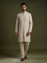 Cream linen embroidered kurta suit for men with sequins work