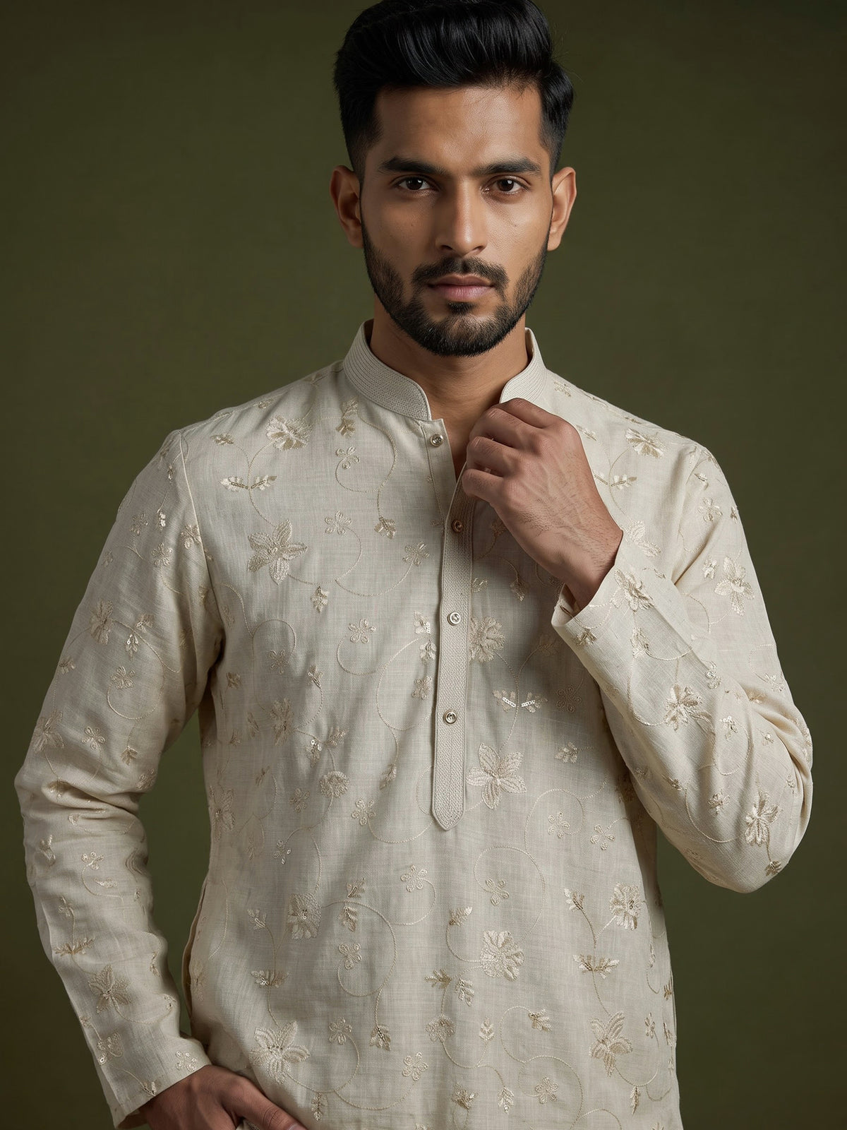 Cream linen embroidered kurta suit for men with sequins work