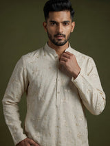 Cream linen embroidered kurta suit for men with sequins work