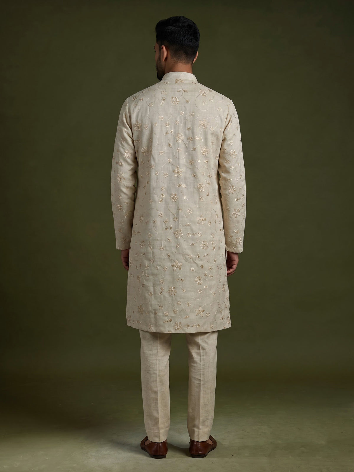Cream linen embroidered kurta suit for men with sequins work