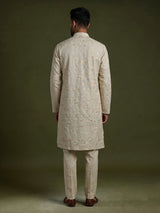 Cream linen embroidered kurta suit for men with sequins work