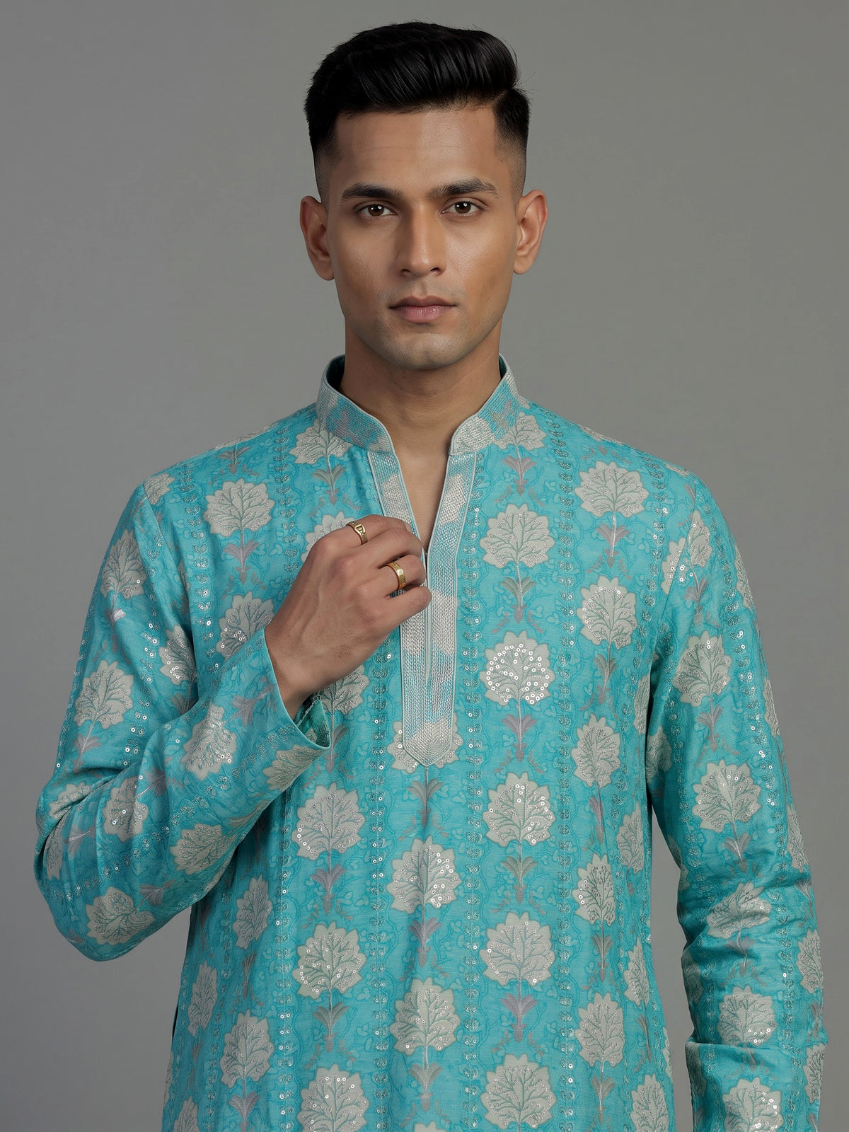 Aqua blue printed cotton silk kurta suit for men