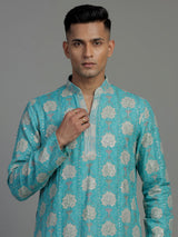 Aqua blue printed cotton silk kurta suit for men