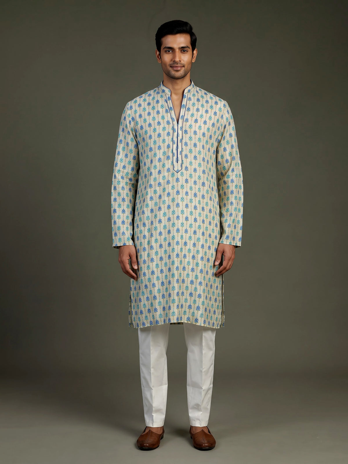 Cream and blue printed silk kurta suit for men with threadwork