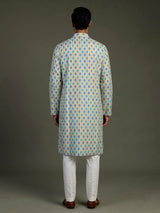 Cream and blue printed silk kurta suit for men with threadwork