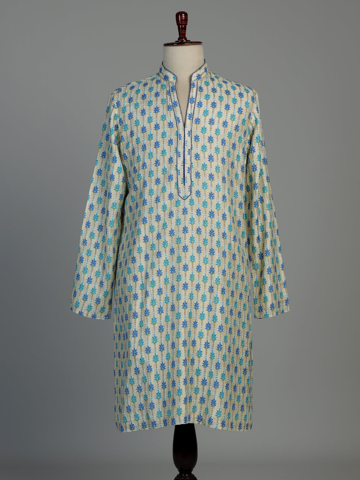 Cream and blue printed silk kurta suit for men with threadwork