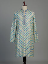Cream and blue printed silk kurta suit for men with threadwork