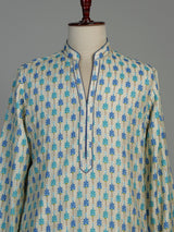 Cream and blue printed silk kurta suit for men with threadwork