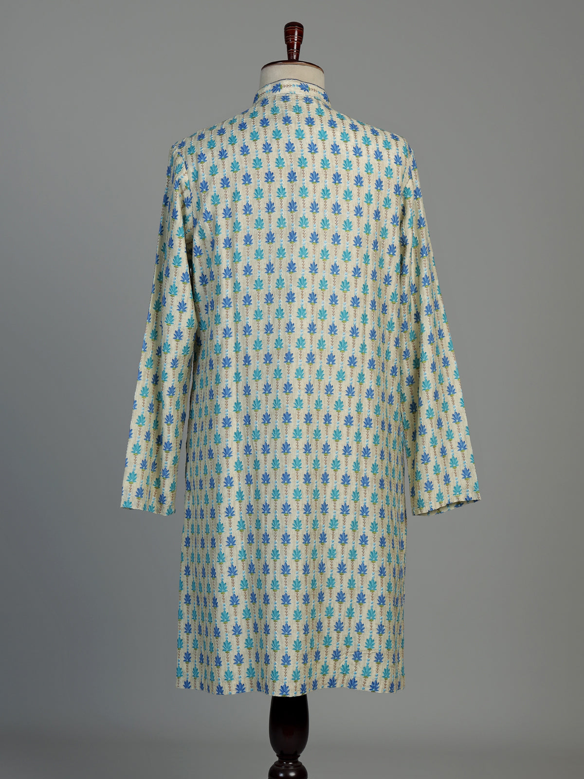 Cream and blue printed silk kurta suit for men with threadwork