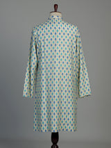 Cream and blue printed silk kurta suit for men with threadwork