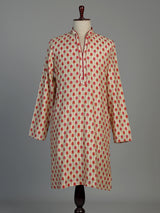 Cream and red printed silk kurta suit for men with threadwork