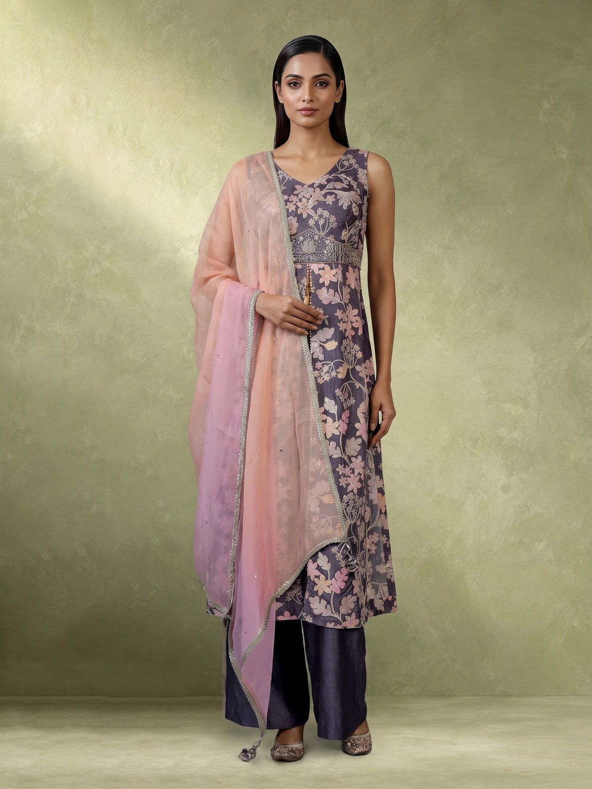 Lavender purple silk palazzo suit for women with contrast dupatta