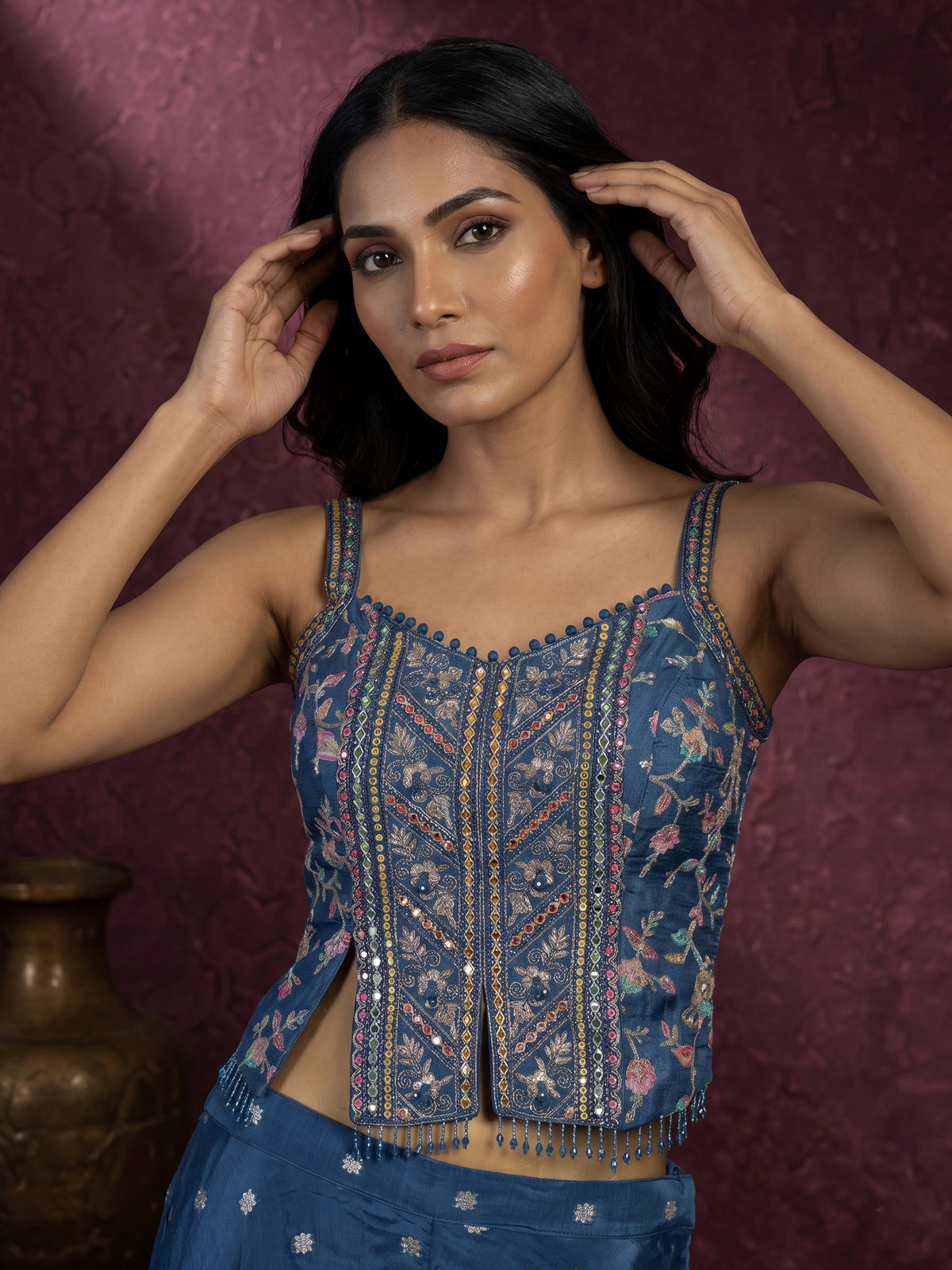 Blue chiffon silk palazzo suit for women with dupatta