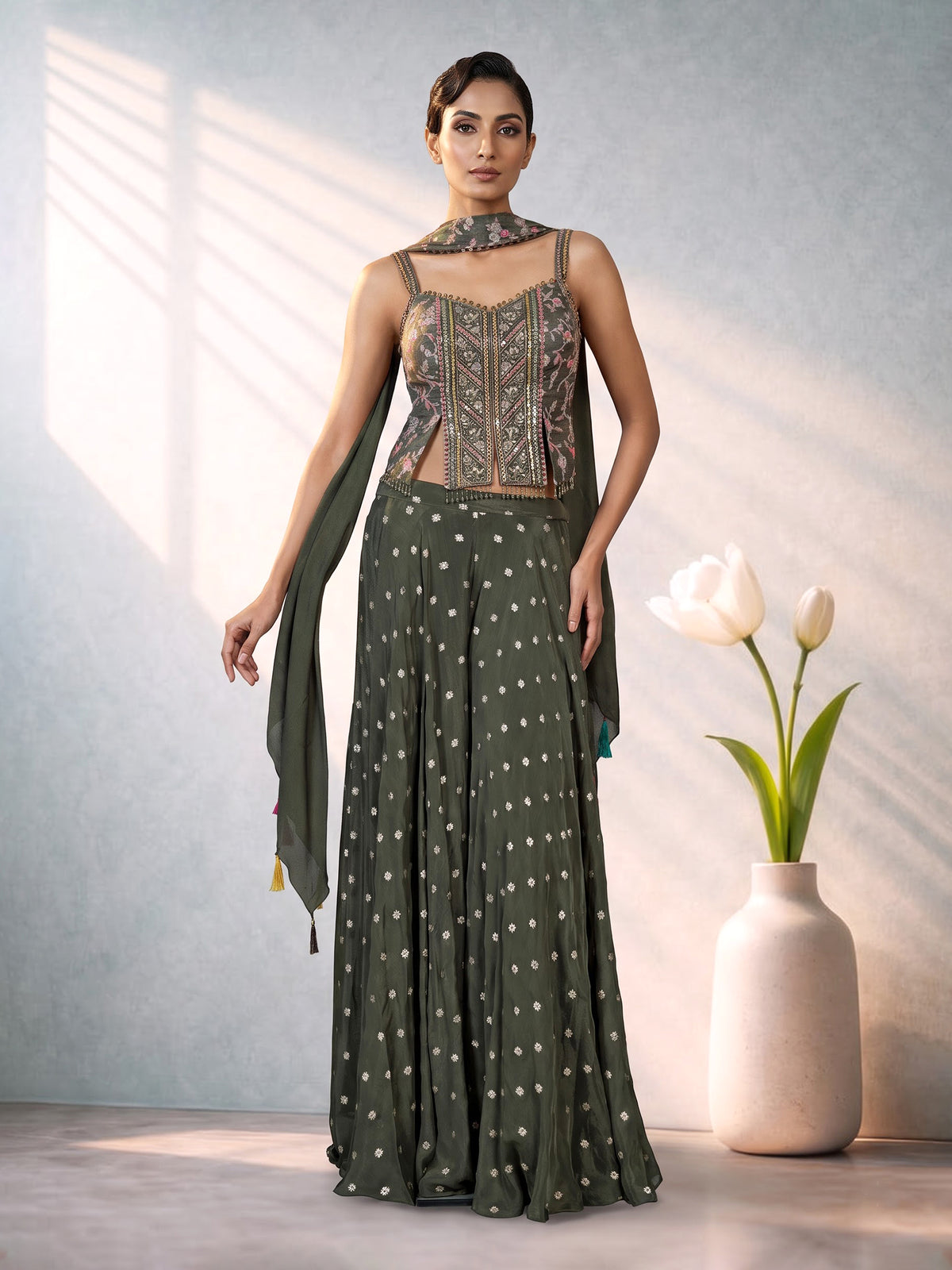 Mehendi green chiffon silk palazzo suit for women with dupatta