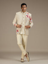 Beige mens luxury embroidered jodhpuri suit