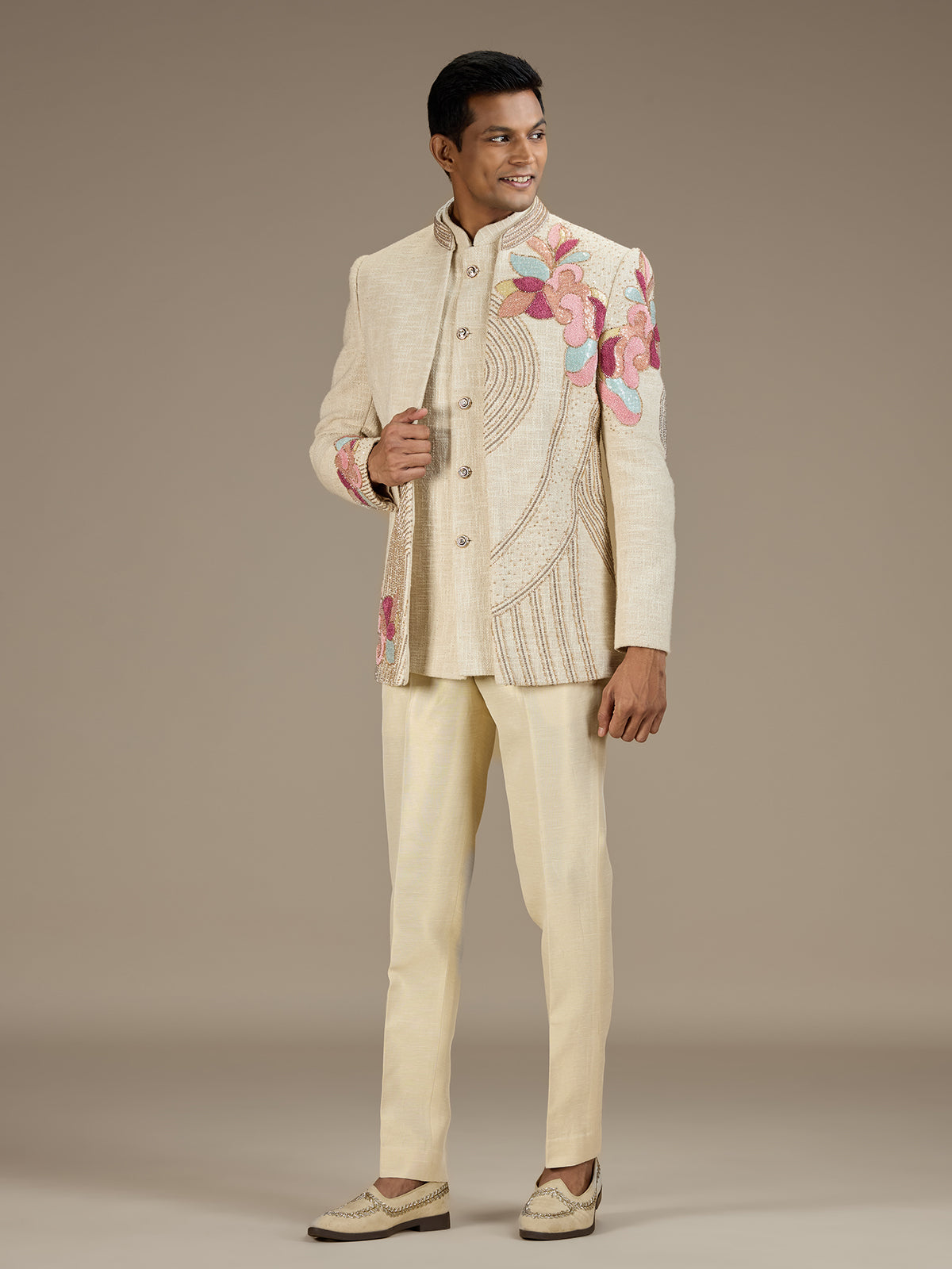 Beige mens luxury embroidered jodhpuri suit