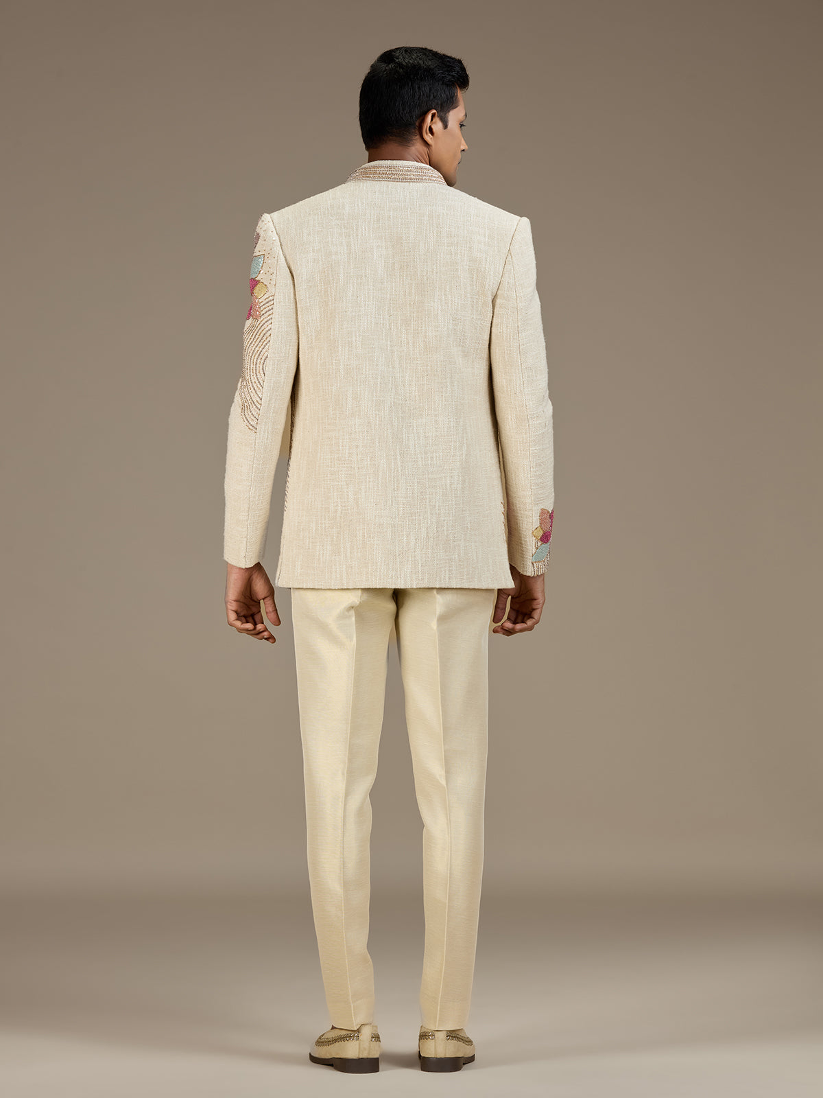 Beige mens luxury embroidered jodhpuri suit