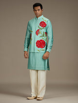 Sea green mens statement silk nehru waistcoat set