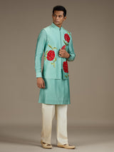 Sea green mens statement silk nehru waistcoat set