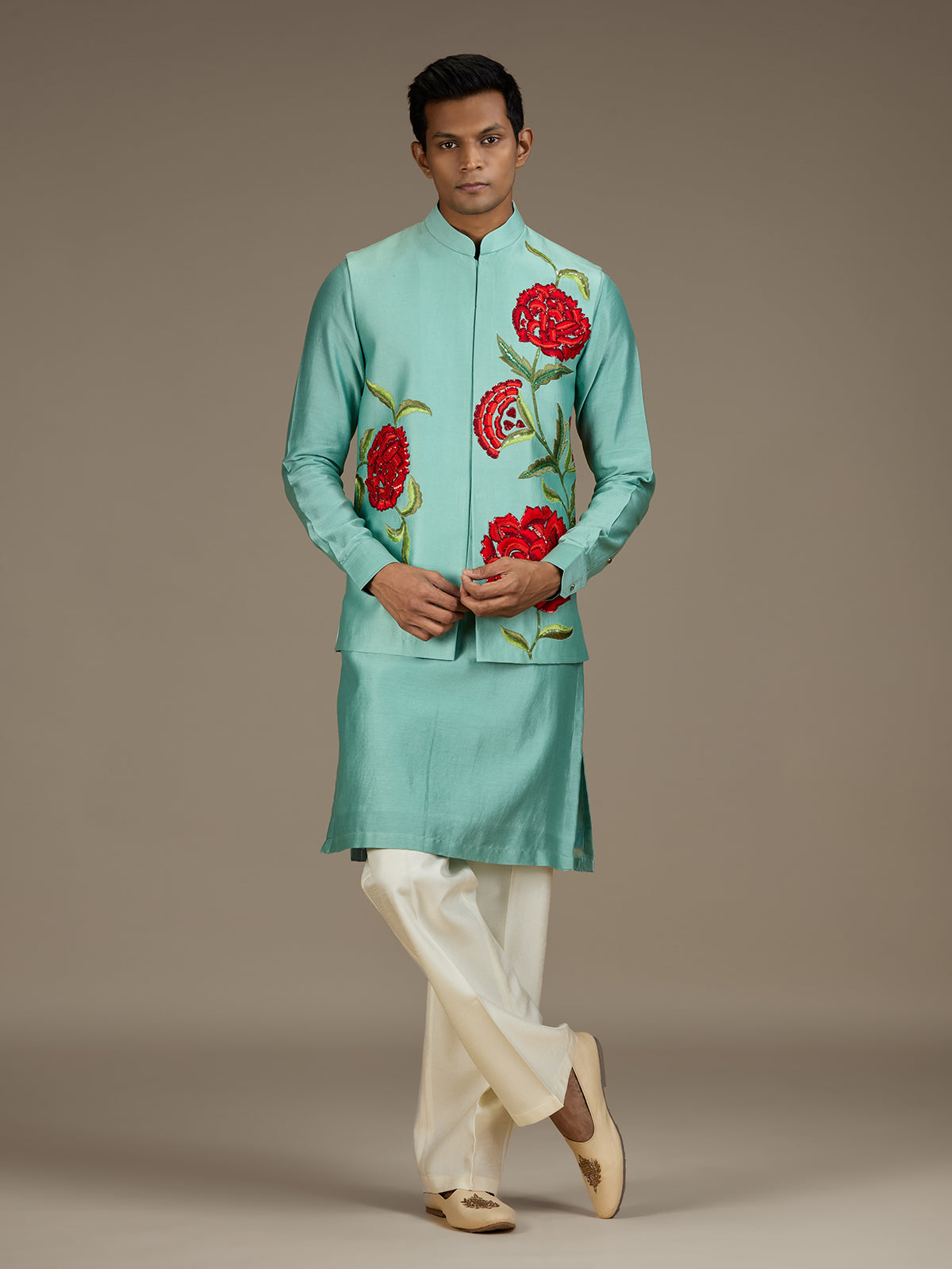 Sea green mens statement silk nehru waistcoat set